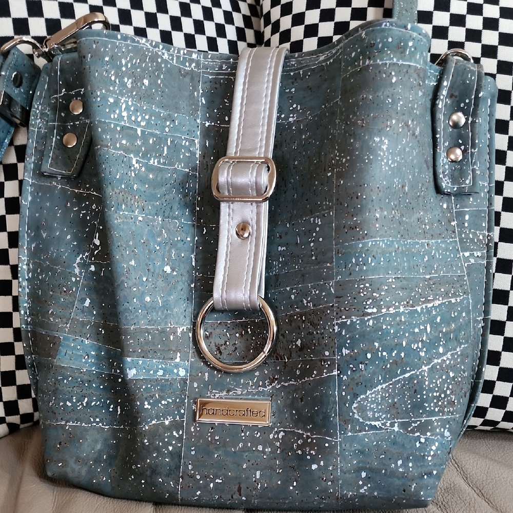 Handcrafted Women's Teal and Silver Cork Shoulder Bag Preowned